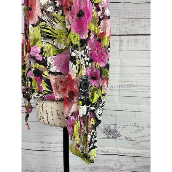 Linear Button Front Lace Shirt Womens M Floral Tie Front Roll Tab Nylon Stretch - Picture 6 of 15